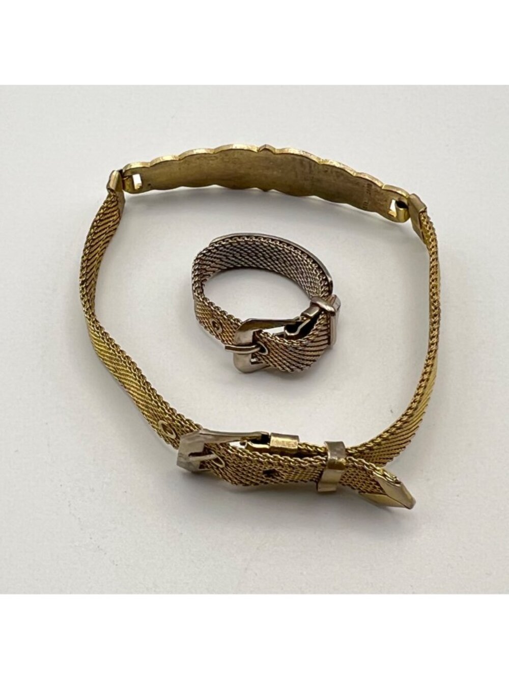 Vintage Gold Tone ID Bracelet Ring Set "Regina" Mesh Belt Buckle Adjustable - Picture 3 of 10